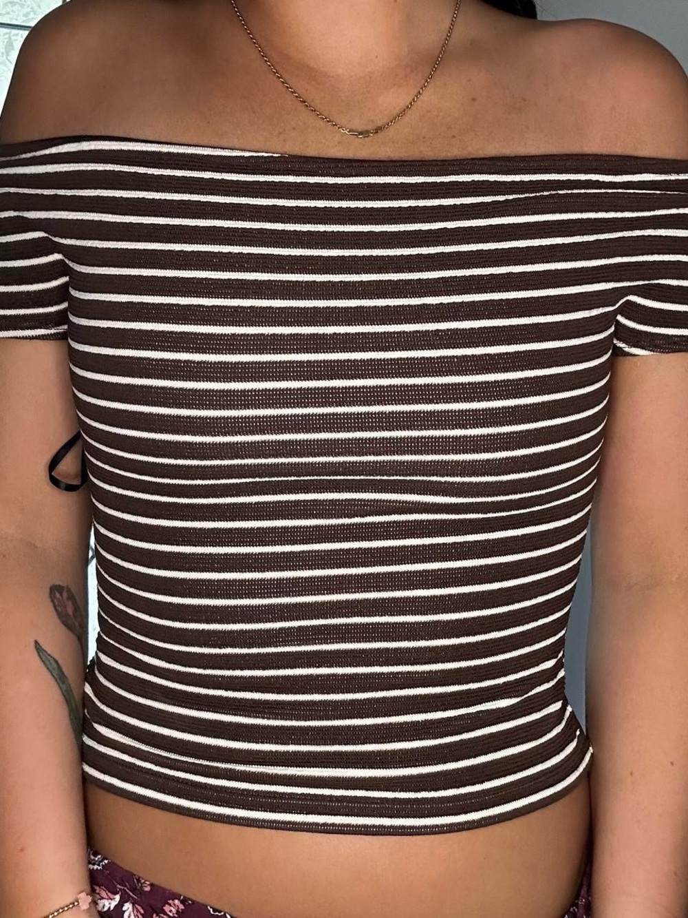 Missguided Brown & White Striped Off-Shoulder Crop Top